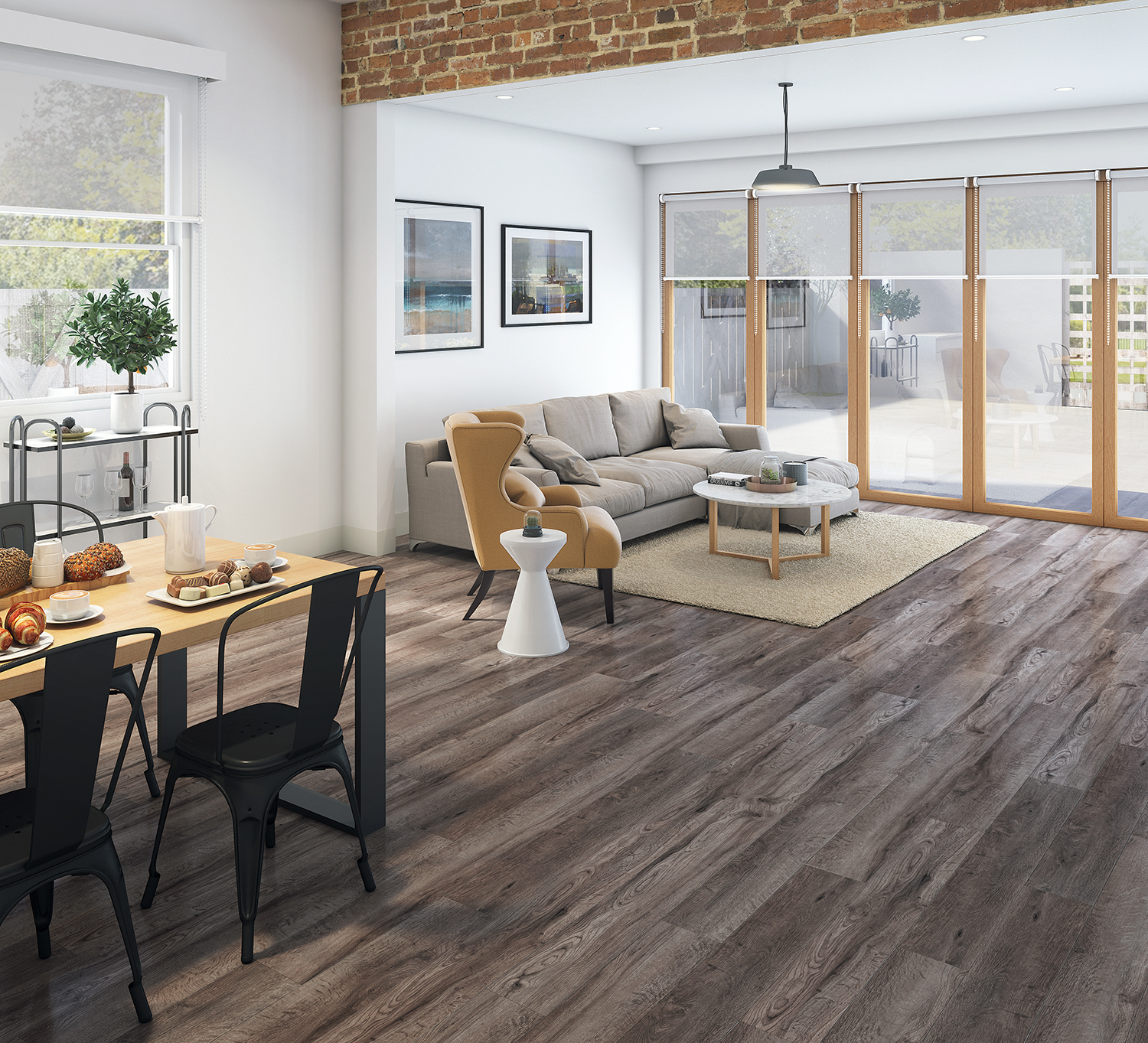 Modern open-plan living and dining area with large windows, wooden floors from the TORLYS RigidWood Firm Premier collection.