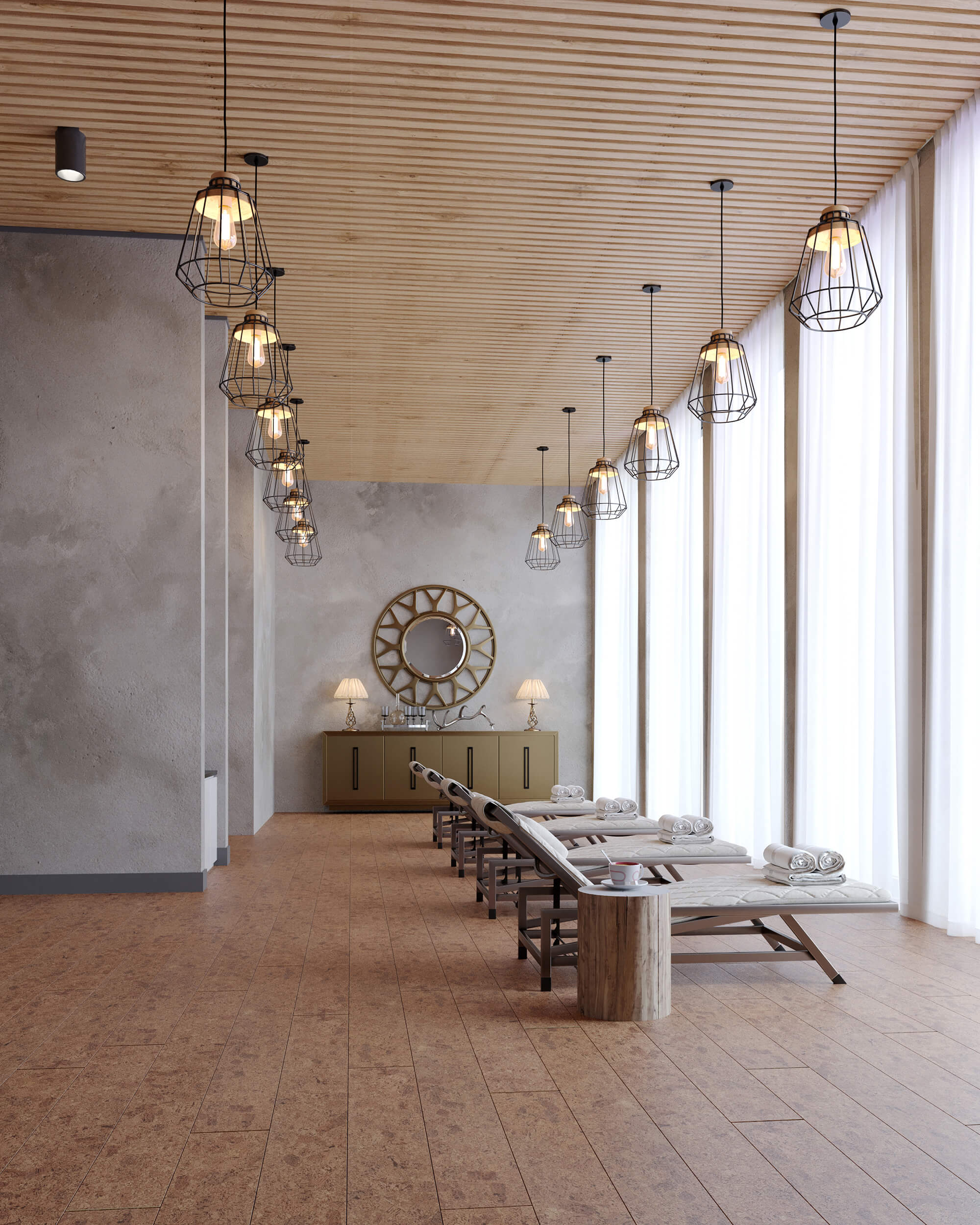 The Vintage Natural spa lounge features wooden lounge chairs, rolled towels, and pendant lights. A console with lamps and a round mirror rests by a textured wall, complemented by floor-to-ceiling sheer curtains.