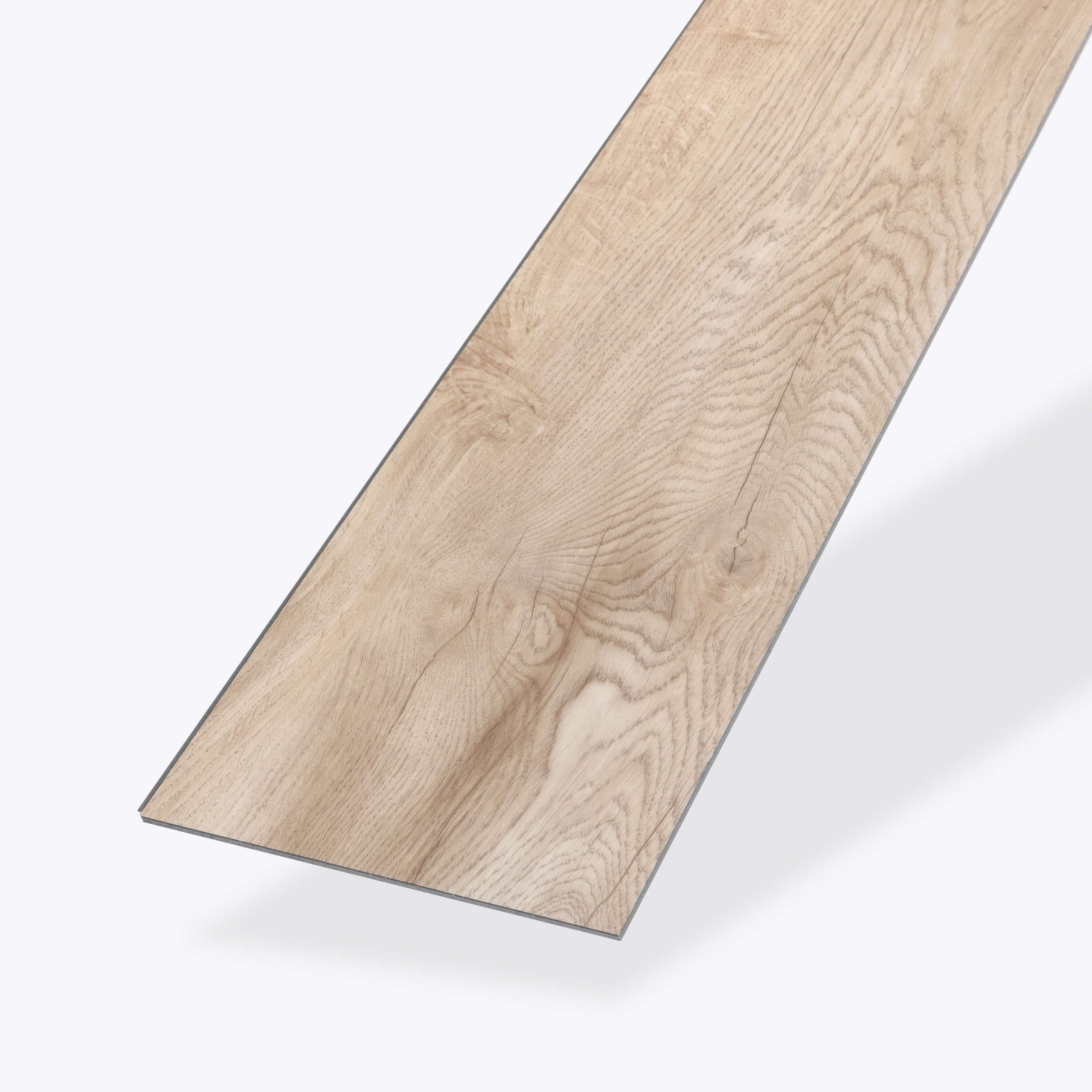A single Haliburton* rectangular vinyl plank in light beige and tan tones, featuring a natural wood grain pattern, is displayed on a plain white background.